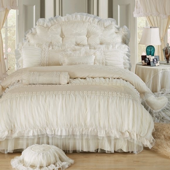 Noble Excellence Solid Beige Vintage Romantic Applique Ruched Frilly Sophisticated Elegant Feminine Cotton Full, Queen Size Bedding Sets
