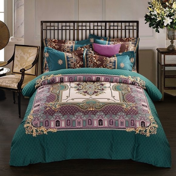 Dark Teal Gold and Purple Western Chic Indian Bohemian Pattern Royal Style 100% Brushed Cotton Full, Queen Size Bedding Sets