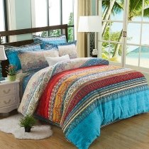 Aqua Red and Orange Stripe and Bohemian Style Print Tribal Print 100% Brushed Cotton Full, Queen, King Size Bedding Sets