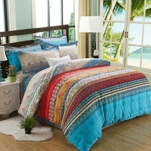 Aqua Red and Orange Stripe and Bohemian Style Print Tribal Print 100% Brushed Cotton Full, Queen, King Size Bedding Sets