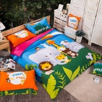 Kids Green Blue Brown Yellow and White Jungle Safari Cartoon Animal Themed Funky Style 100% Cotton Twin, Full Size Bedding Sets
