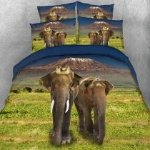 Chocolate Brown Green and Dark Blue African Safari Elephant Print Jungle Animal Themed Twin, Full, Queen, King Size Bedding Sets