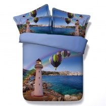 Nautical Themed Lighthouse Hot Air Balloon and Rainbow Print Tropical Coastal Beach Twin, Full, Queen, King Size Bedding Sets