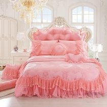Coral Pink Jacquard Rose Vintage Shabby Chic Victorian Lace Ruffle Sophisticated Elegant Romantic Girls Full, Queen Size Bedding Sets