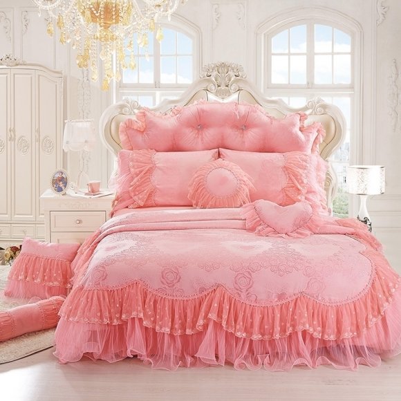 Coral Pink Jacquard Rose Vintage Shabby Chic Victorian Lace Ruffle Sophisticated Elegant Romantic Girls Full, Queen Size Bedding Sets