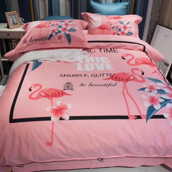 Coral Red Pink Black White and Blue Fun Tropical Flamingo Monogrammed Print Wild Animal Themed Girls Full, Queen Size Bedding Sets
