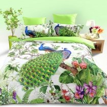 Lime Green Blue Red Purple White and Yellow Floral and Animal Peacock Print Tropical Hawaiian Rainforest Full, Queen Size Bedding Sets