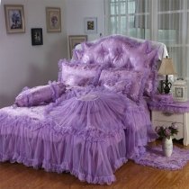 Purple Girls Lace Design Ruffle Pom Pom Style Princess Style Sophisticated Elegant Twin, Full, Queen Size Bedding Sets