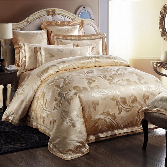 Luxury Gold Fern Leaf Pattern Noble Excellence Unique Jacquard Satin Full, Queen Size Bedding Sets
