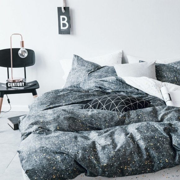 Hipster Black White and Gold Polka Dot Print Glow in the Dark Teen Boys Twin, Full Size Cotton Bedding Sets