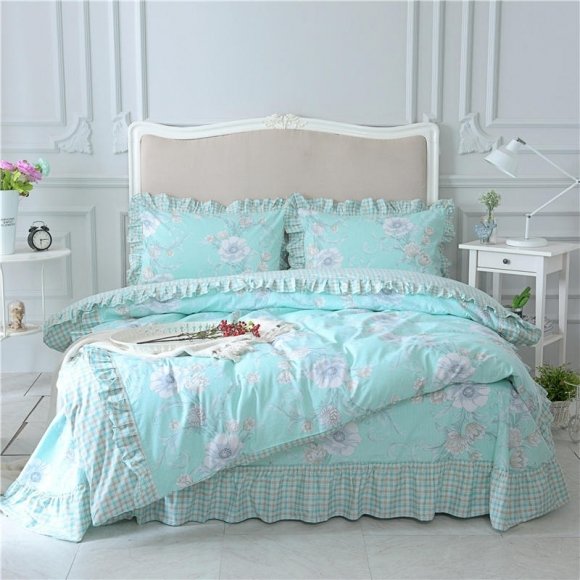 Beautiful Tiffany Blue Orange and White Floral and Plaid Print Cute Ruffle Elegant Girls Full, Queen Size Bedding Sets