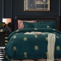 Dark Teal and Gold Peacock Feather and Vertical Stripe Print Animal Themed Full, Queen Size Bedding Sets