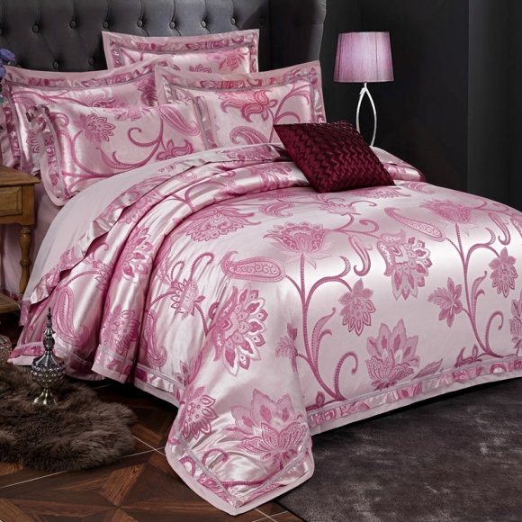 Girls Elegant Pink and Silver Floral Print Botanical Country Chic Sequin Jacquard Satin Full, Queen Size Bedding Sets
