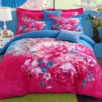 Elegant Girls Peony Flower Print Oriental Full, Queen Size Bedding Sets