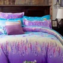 Aqua and Purple Ombre Colored Forest Scene Full, Queen Size Bedding Sets