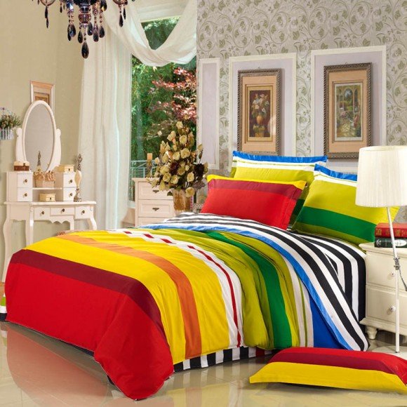 Yellow Blue and Red Colorful Rainbow Stripes Print Simply Chic Twin, Full, Queen Size Bedding Sets