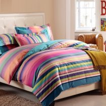 Elegant Hot Pink Coral Yellow and Dark Teal Colorful Rainbow Stripe Print Girly Girls Full, Queen Size Luxury Cotton Bedding Sets