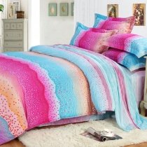 Elegant Tiffany Blue Orange White and Sparkly Hot Pink Neon Color Colorful Bending Stripe Print Girls Full, Queen Size Bedding Sets