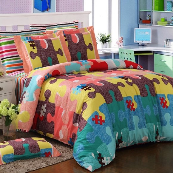 Abstract Coral Pink Blue Green Yellow and Maroon-brown Colorful Puzzle Print Hip-hop Style Full, Queen Size Cotton Bedding Sets