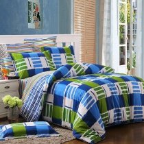 Unusual Sapphire Blue White and Lime Green Abstract Plaid Print Boys Preppy Style College Dorm Full, Queen Size Cotton Bedding Sets