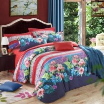 Charcoal Gray Green Purple Blue Teal and Coral Orange Tropical Flower and Stripe Print Full, Queen Size Luxury Cotton Bedding Sets