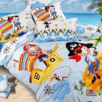 Light Blue Yellow Red White and Orange Nautical Theme Pirate and Parrot Print Kids Boys Girls Twin, Full, Queen Size Cotton Bedding Sets