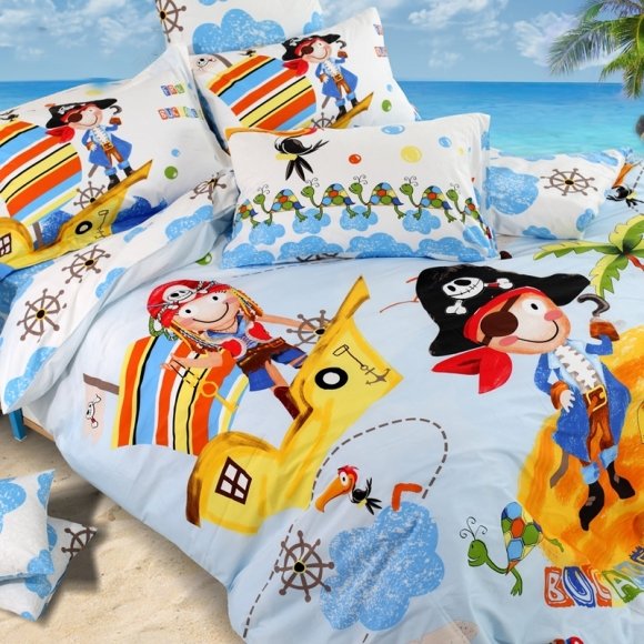 Light Blue Yellow Red White and Orange Nautical Theme Pirate and Parrot Print Kids Boys Girls Twin, Full, Queen Size Cotton Bedding Sets
