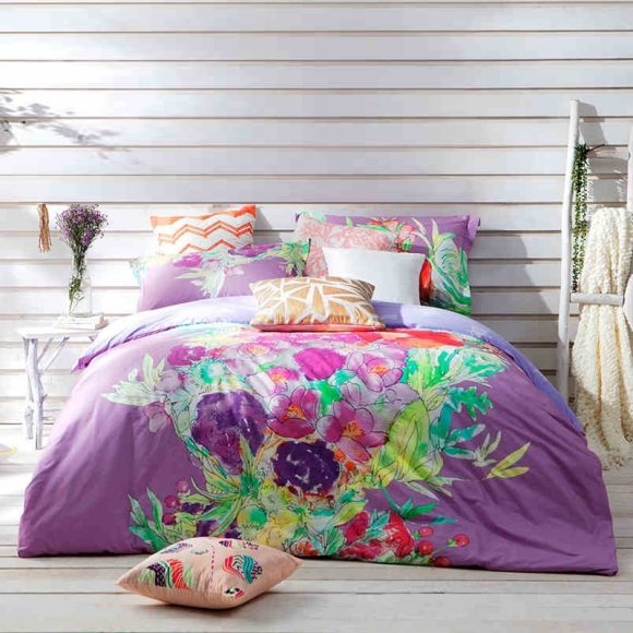 Personalized Lavender-purple Yellow Red and Lime Green Secret Garden Colorful Flower Print Luxury Cotton Full, Queen Size Bedding Sets