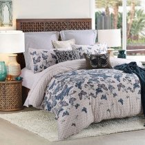 Vintage Slate Gray Khaki and White Butterfly Print Shabby Chic Luxury Egyptian Cotton Full, Queen Size Bedding Sets