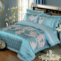 Noble Excellence Teal and Grey Scroll Pattern Luxury Royal Style Embroidered Design Jacquard Satin Full, Queen Size Bedding Sets