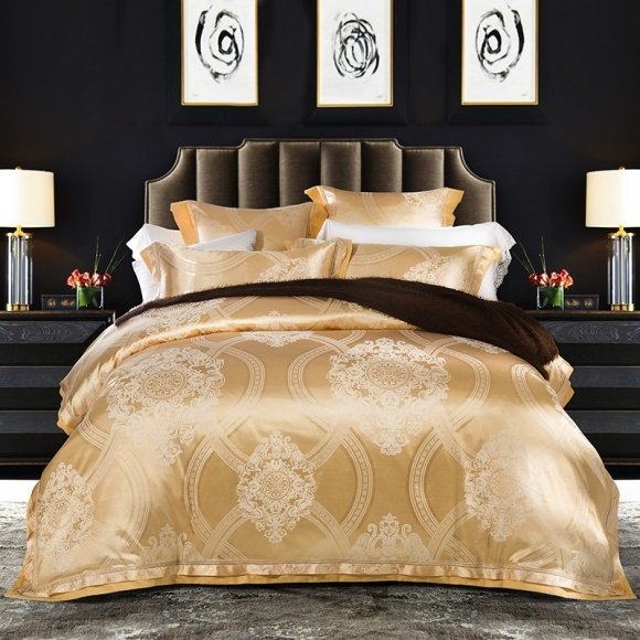 Gorgeous Metallic Gold and White Moroccan Medallion Tribal Print Bohemian Baroque Style Luxury Jacquard Satin Full, Queen Size Bedding Sets