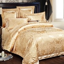 Classic Sparkle Metallic Gold and Cream Vintage Bohemian Gothic Tribal Scroll Print Luxury Jacquard Satin Full, Queen Size Bedding Sets