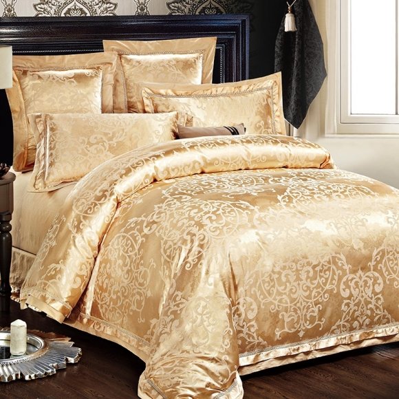 Classic Sparkle Metallic Gold and Cream Vintage Bohemian Gothic Tribal Scroll Print Luxury Jacquard Satin Full, Queen Size Bedding Sets