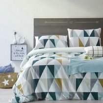 Dark Teal Gray White Tan and Light Blue Geometric Mosaic Argyle Pattern Diamond Plaid PrintColorful Cotton Full, Queen Size Bedding Sets