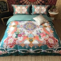 Teal Coral Pink Purple and White Indian Pattern Moroccan Style Southwestern Themed Luxury Egyptian Cotton Full, Queen Size Bedding Sets