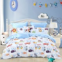 Kids Orange Black Blue and White Cartoon Fish, Car and Animal Print Unique Funky Style 100% Cotton Twin, Full, Queen Size Bedding Sets