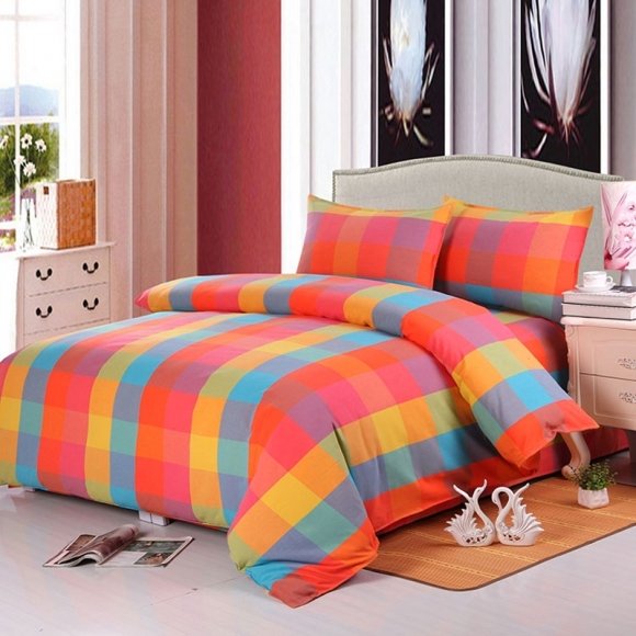 Red Orange Yellow and Aqua Madras Plaid Print Simply Chic Full, Queen Size Bedding Sets
