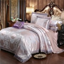 Classic Pale Taupe and Silver Rococo Pattern Western Style Glitter Luxury Jacquard Satin Full, Queen Size Bedding Sets