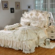 Sophisticated Elegant Beige Gathered Ruffle Lace Design Princess Style Twin, Full, Queen Size Bedding Sets