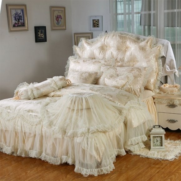Sophisticated Elegant Beige Gathered Ruffle Lace Design Princess Style Twin, Full, Queen Size Bedding Sets