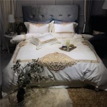 Ivory White and Metallic Gold Vintage Gothic Pattern Tribal Print Luxurious Shabby Chic Embroidered Villa Full, Queen Size Bedding Sets