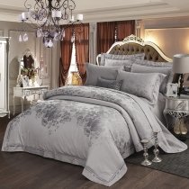 Silver and Gray Flower Pattern Old World Vintage Shabby Chic Glitter Jacquard Satin Full, Queen Size Bedding Sets