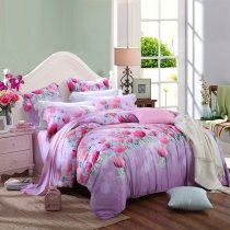 Pastel Hot Pink Green White and Purple Garden Flower Poppy Print Watercolor Elegant Girls Bright Colorful Full, Queen Size Bedding Sets