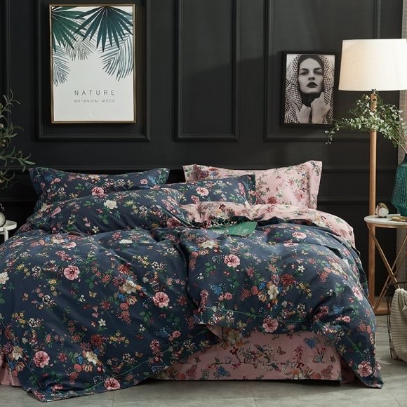 Black Pink Yellow and Green Garden Floral Print Retro Shabby Chic French Country Full, Queen Size Bedding Sets