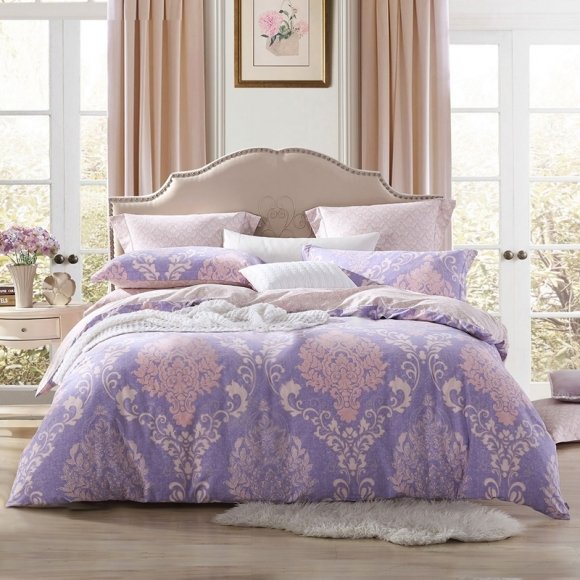 Gray Lavender and Pale Pink Victorian Gothic Pattern Bohemian Chic Baroque Style Full, Queen Size Bedding Sets