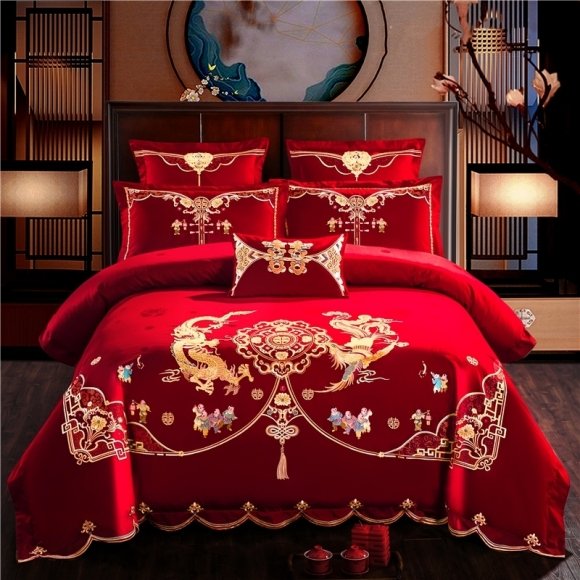 Fancy Gold and Red Ethnic Pattern Tribal Print Asian Inspired Luxury Noble Excellence Full, Queen Size Bedding Sets