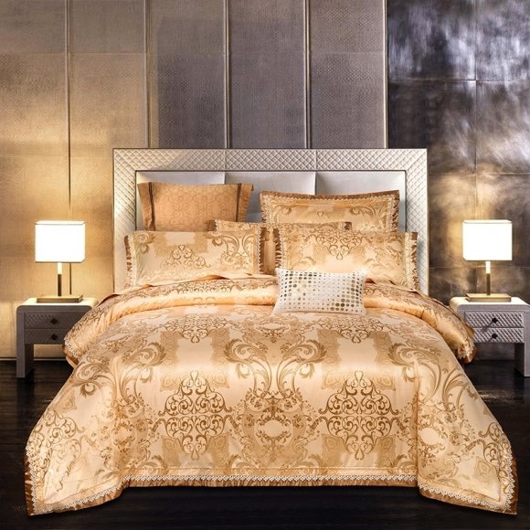 Luxury Gold Sequin Jacquard Royal Style Full, Queen Size Bedding Sets