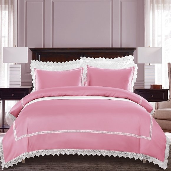 Girls Pink and White Lace Fancy Modern Chic Full, Queen Size Bedding Sets