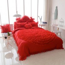 Trendy Crimson Red Ruched Rosette Pattern Scalloped Applique Elegant Girls Twin, Full, Queen Size Cotton Bedding Sets
