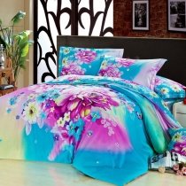 Affordable Peacock Blue and Purple Secret Garden Butterfly and Floral Print Full, Queen Size Cotton Bedding Sets